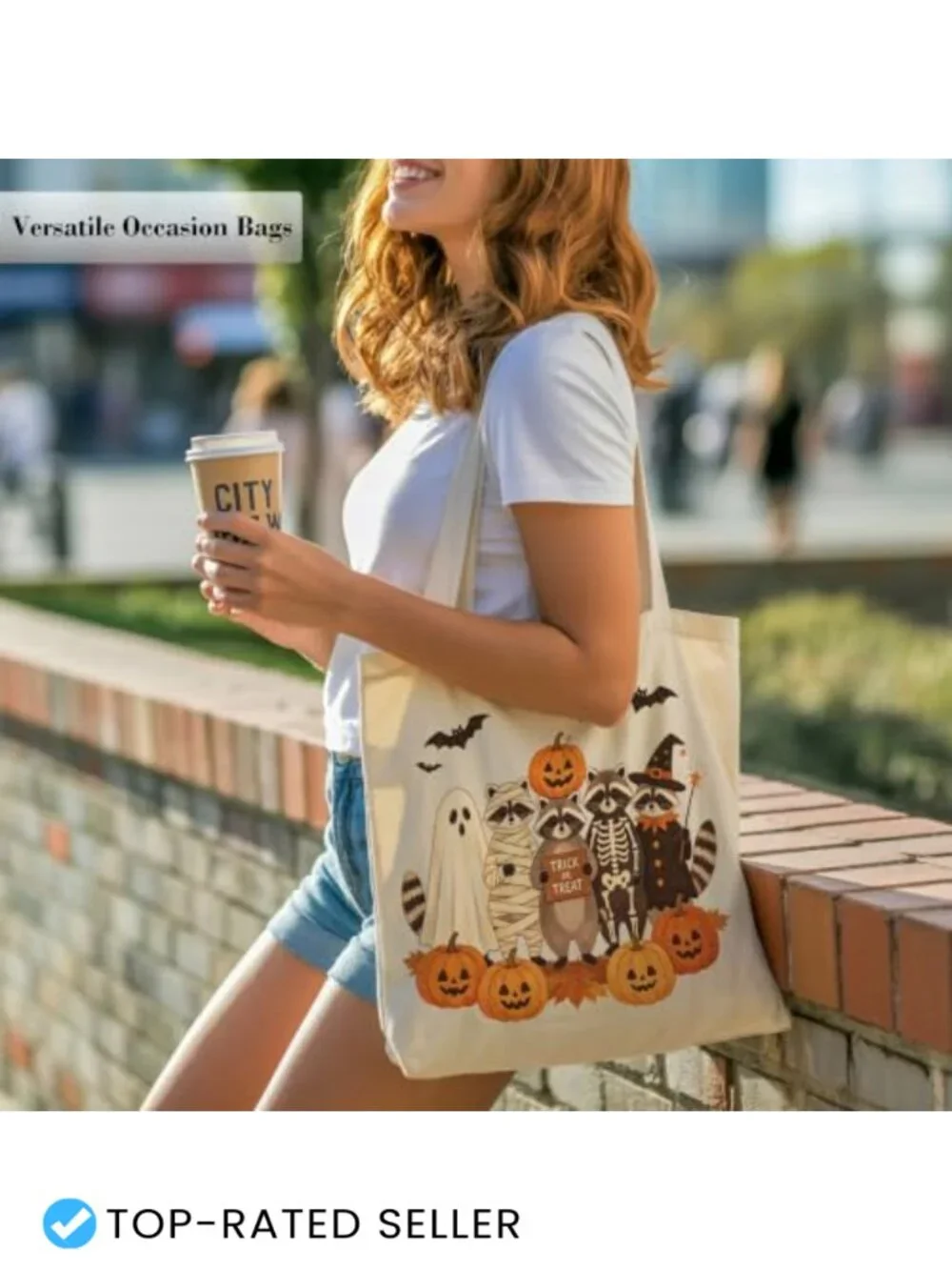 Halloween Tote Bag for Women, Canvas Carryall with Raccoon Print, Shoulder Bag,